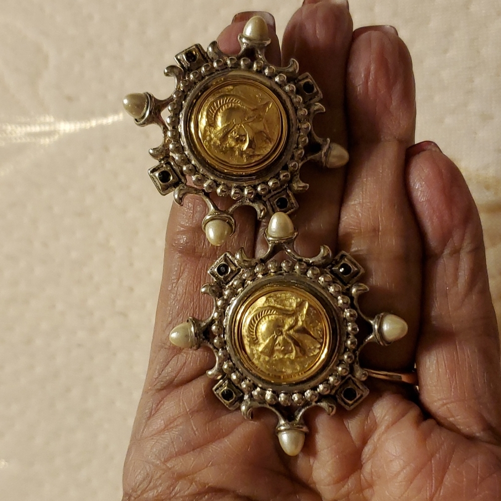 PCI CLIP EARRINGS, GOLD Roman coin at center. Faux Pearls and jets  surrounding